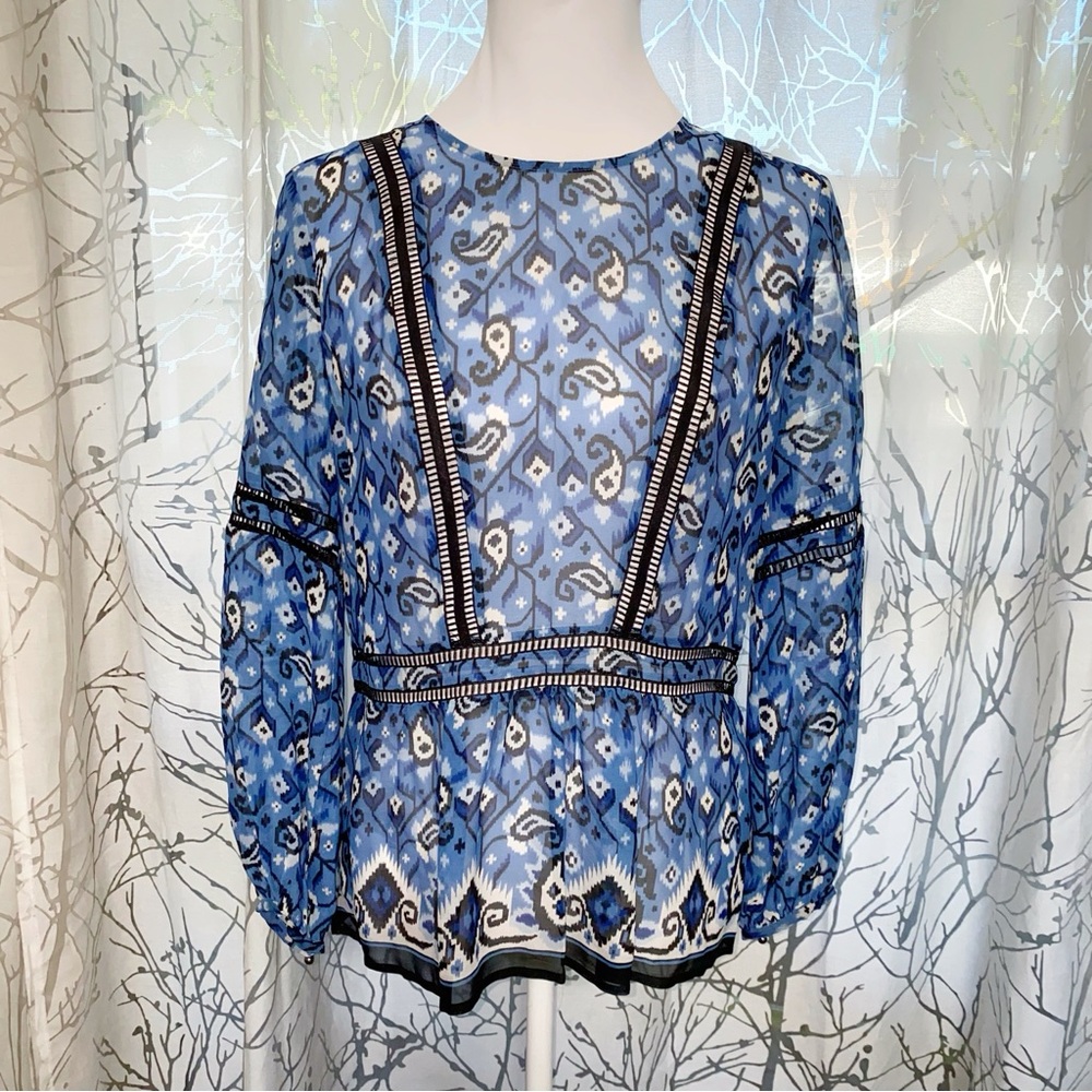 VERONICA BEARD BLUE WHITE CABO BOHO PAISLEY SHEER SILK BLOUSE LONG SLEEVE TOP - Picture 5 of 14